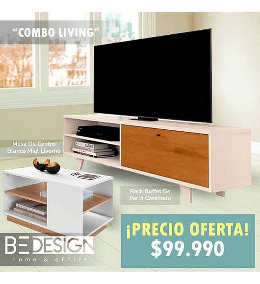 Combo Rack Buffet Be Perla Caramelo + Mesa De Centro Blanco Miel Livorno 