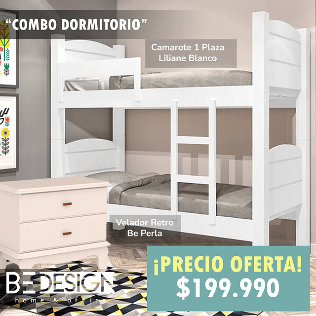 Combo Camarote 1Plaza Liliane Blanco + Velador Retro Be Perla