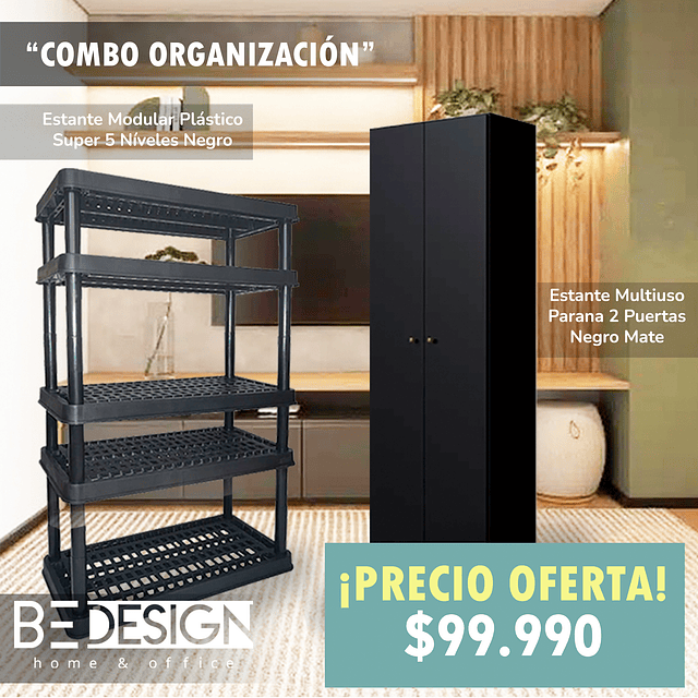 Combo Estante Multiuso Parana 2 Puertas Negro Mate + Estante Modular Plástico Super 5 Níveles Negro
