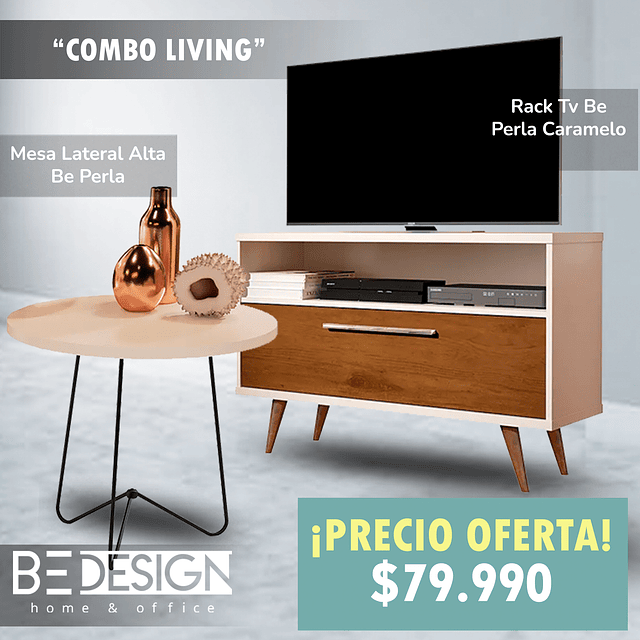 Combo Rack Tv Be Perla Caramelo + Mesa Lateral Alta Be Perla