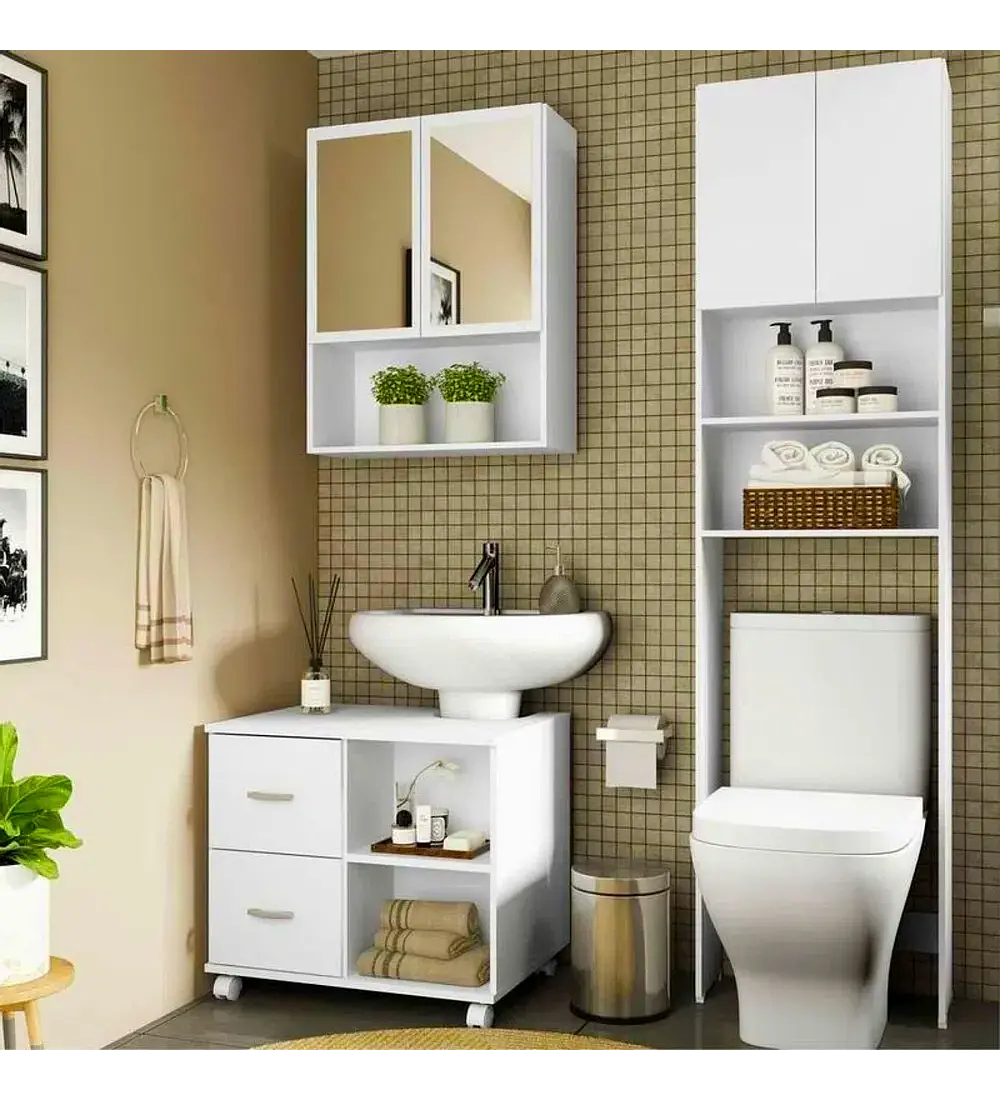 Combo Mueble Para Baño 2 Cajones Blanco + Estante Aereo Multiuso Smart 