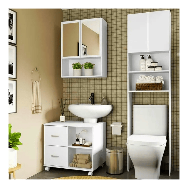 Combo Mueble Para Baño 2 Cajones Blanco + Estante Aereo Multiuso Smart 
