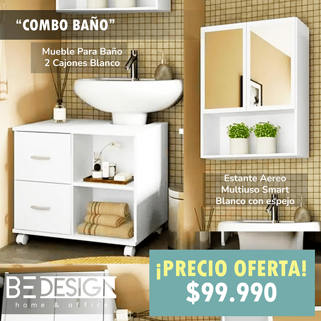 Combo Mueble Para Baño 2 Cajones Blanco + Estante Aereo Multiuso Smart 