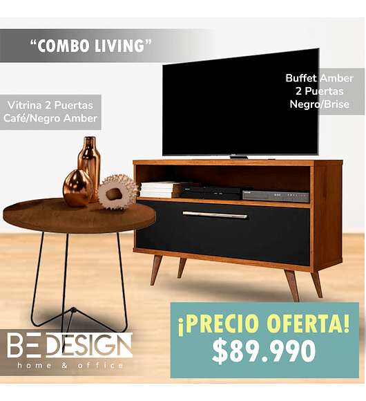 Combo Rack Tv Be Caramelo Negro + Mesa Lateral Alta Be Canela