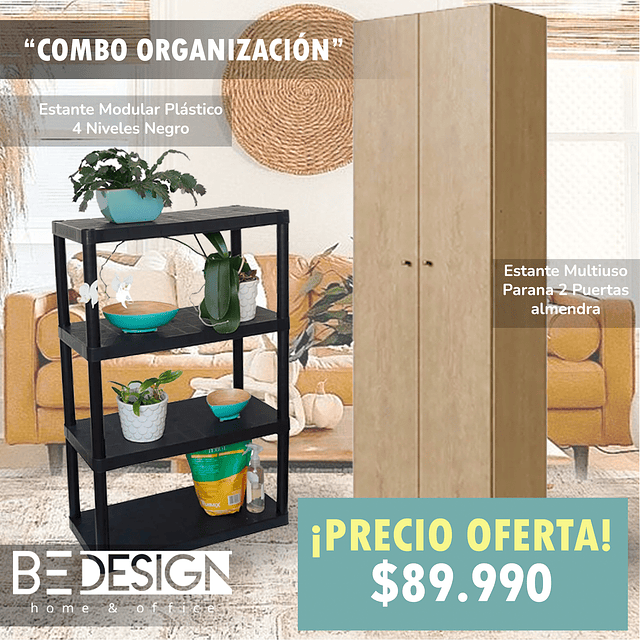 Combo Estante Multiuso Parana 2 Puertas Almendra + Estante Modular Plástico 4 Niveles Negro