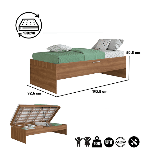 Cama Con Baúl Blanca Israel Nogal 1 plaza