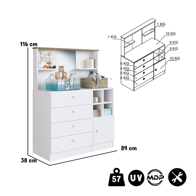 Comoda infantil 4 cajones puerta con espejo Amore