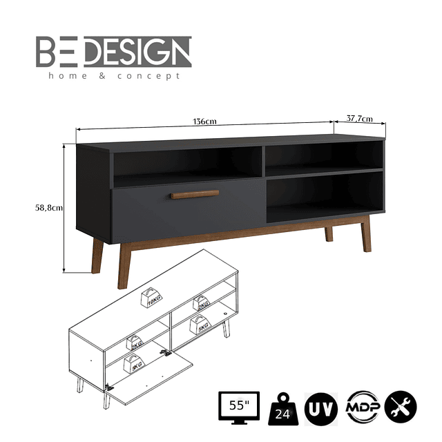 Rack TV 55 4 Espacios Negro