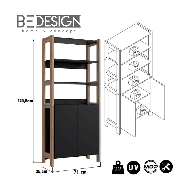 Estante Vertical 2 Puertas Negro Castaño 