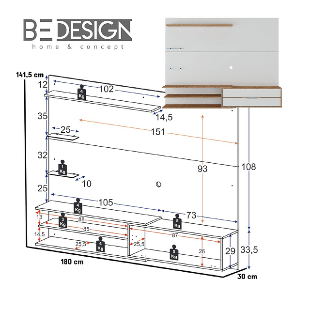Rack Pared Be65" Blanco Miel