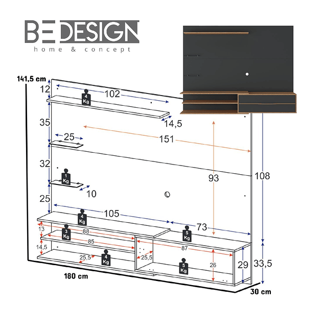 Rack Pared Be65" Negro Miel