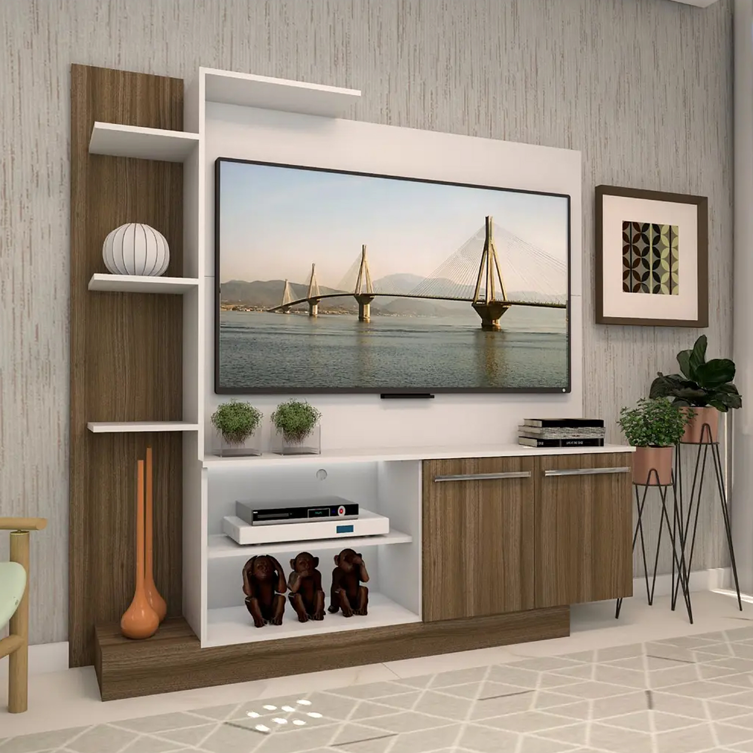 Rack Home con Panel para TV 55 " Verona Blanco Café Be desing (164X165X32,5 cms)