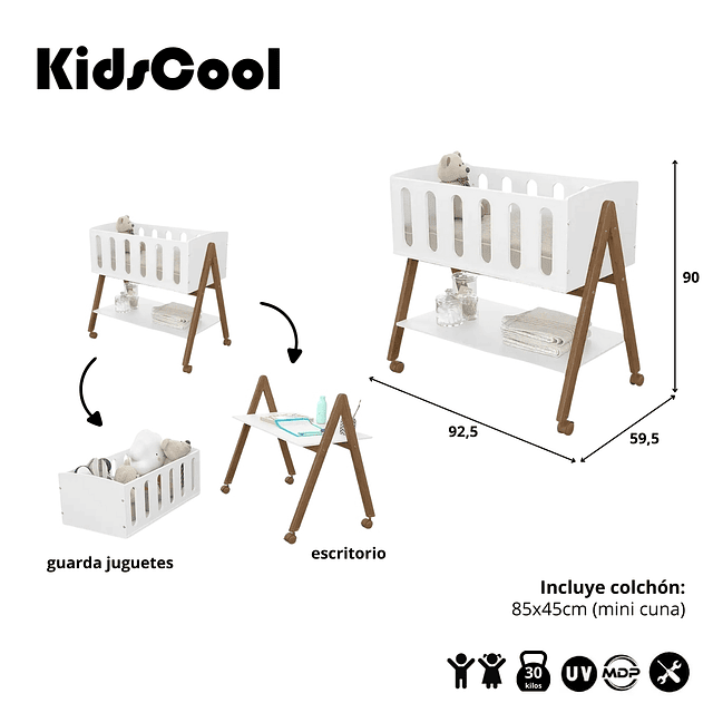 Mini cuna colecho Liv Blanca/Eco wood Con ruedas