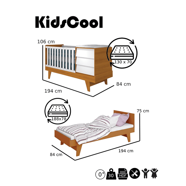 Cuna 3 en 1 Noah blanco Caramelo 