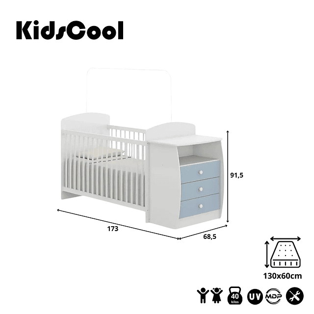 Cuna con Mudador Bambini Celeste+Colchon Cuna Baby Box 130x60