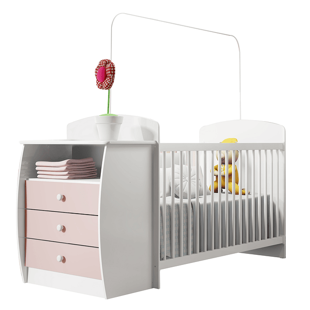 Cuna con Mudador Bambini Rosado+Colchon Cuna Baby Box 130x60