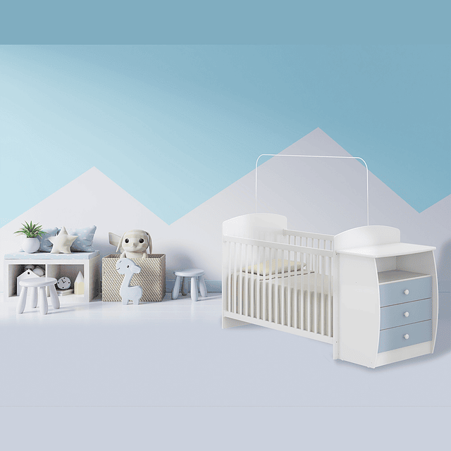 Cuna con Mudador Bambini Celeste+Colchon Cuna Baby Box 130x60