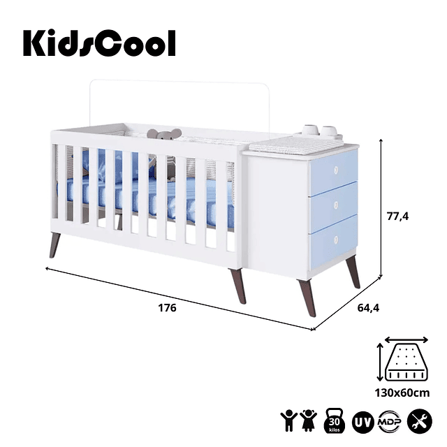Cuna Con Cajonera Encanto Celeste+Colchon Cuna Baby Box 130x60