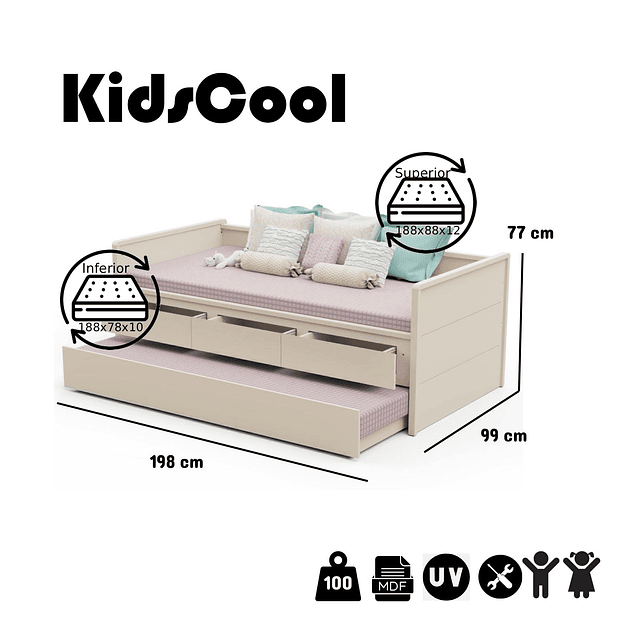 Cama Nido 3 Cajones Lais Perla - Preventa 10 de Febrero+ Colchon Cama Box 188x78 + Colchon Cama Box 188x88