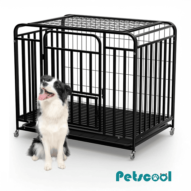 Jaula para Perro y Gato Grande Petscool, Doble puerta, Bandeja y Ruedas