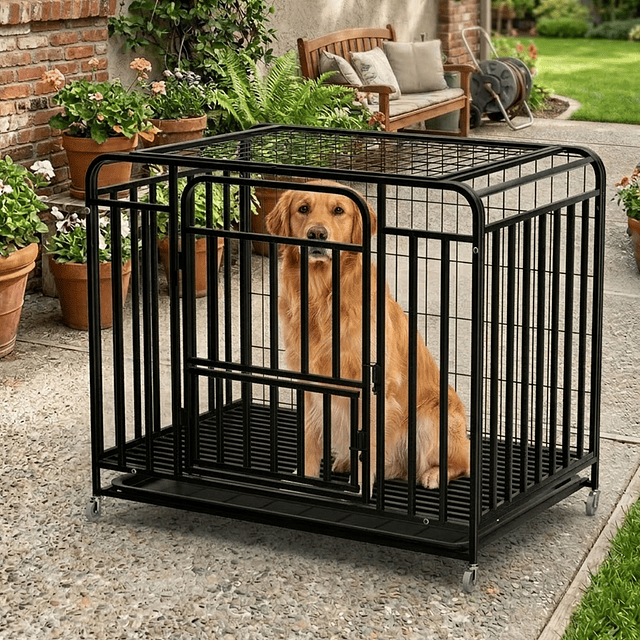 Jaula para Perro y Gato Grande Petscool, Doble puerta, Bandeja y Ruedas