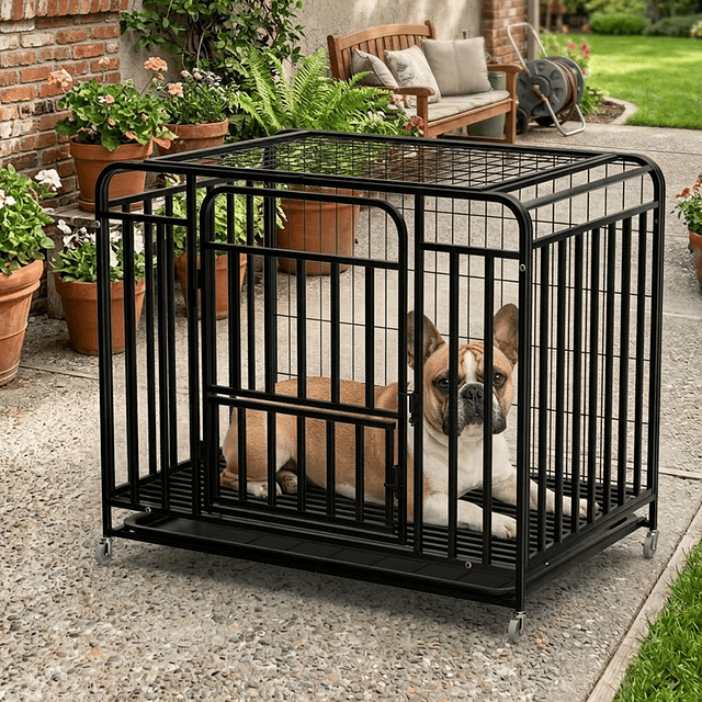 Jaula para Perro y Gato Grande Petscool, Doble puerta, Bandeja y Ruedas