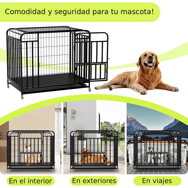 Jaula para Perro y Gato Grande Petscool, Doble puerta, Bandeja y Ruedas