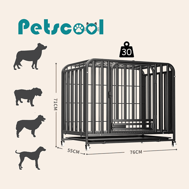 Jaula para Perro y Gato Grande Petscool, Doble puerta, Bandeja y Ruedas