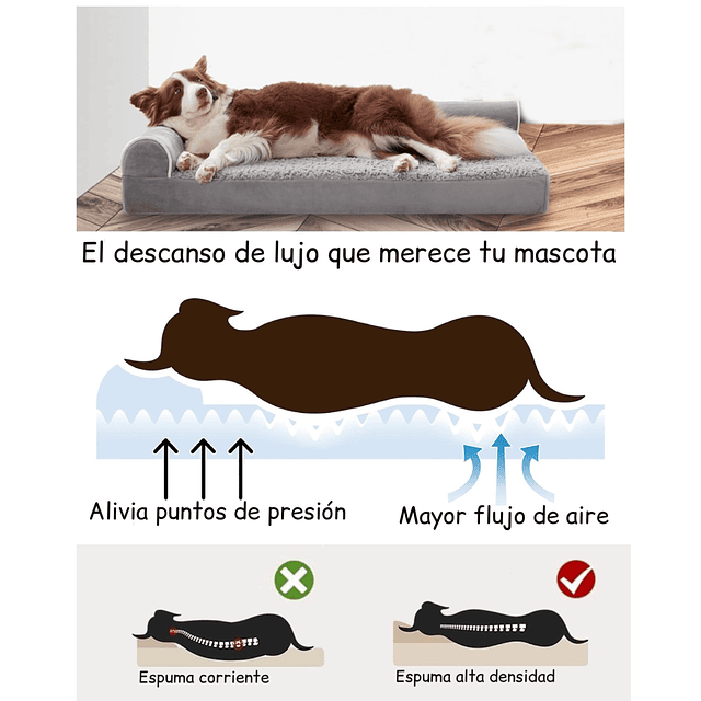 Cama Sofá Ortopédico PetsCool para Perros, viscoelástica, lavable, Gris Talla L