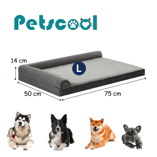 Cama Sofá Ortopédico PetsCool para Perros, viscoelástica, lavable, Gris Talla L