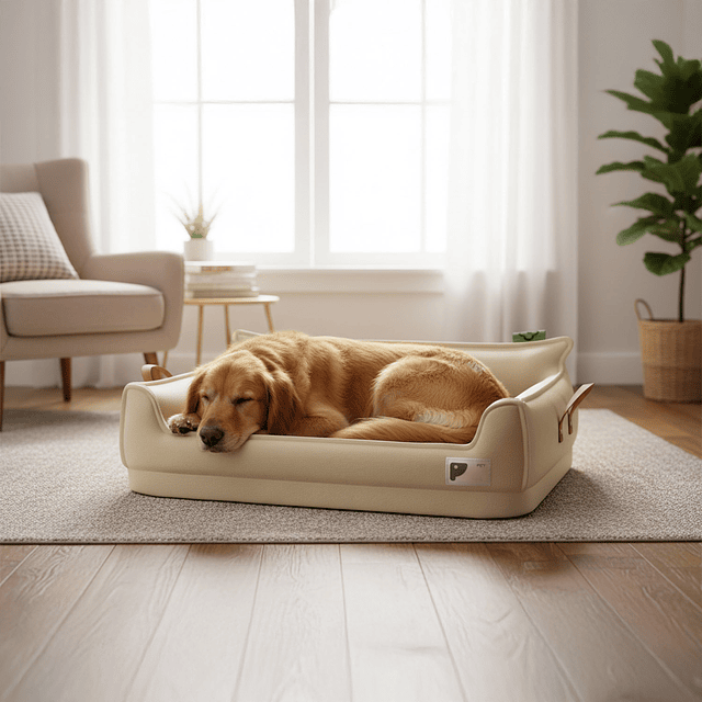 Cama Sofá de Perro PetsCool 4 Estaciones Impermeable Eco cuero Beige Talla M hasta 25 kg