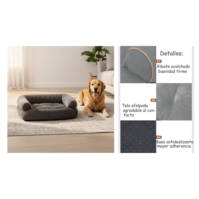 Cama Sofá para Perros Grandes y Medianos PetsCool L 105 x 65 cm Gris oscuro Lavable y Ortopédica