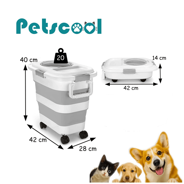 Contenedor Hermético Plegable Alimento Mascota PetsCool 22 kg Gris Ruedas