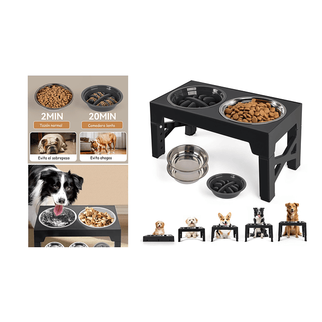 Comedero Elevado Ajustable PetsCool 5 Alturas Plato Anti-voracidad