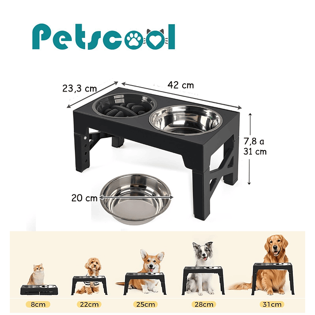 Comedero Elevado Ajustable PetsCool 5 Alturas Plato Anti-voracidad