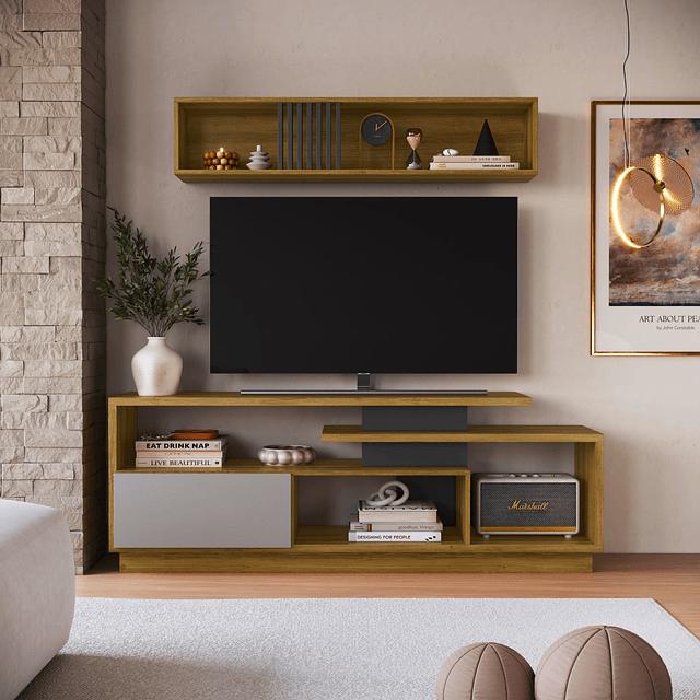 Rack TV 60 Be Design con Repisa Aérea Miel Grafito