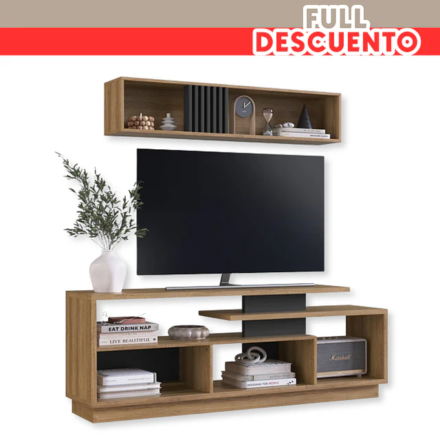 Full Descuento- Rack TV 60" Be Design con Repisa Aérea Miel Grafito