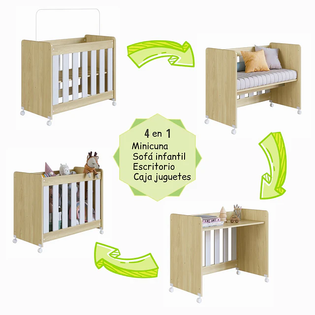 Mini Cuna Colecho 4 en 1 Blanca Roble Con Colchón
