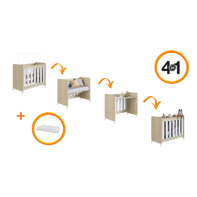 Mini Cuna Colecho 4 en 1 Blanca Roble Con Colchón