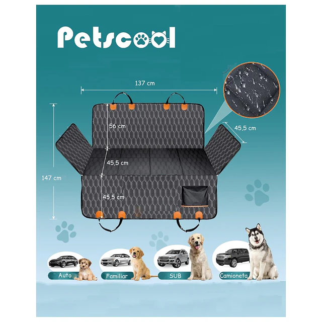 Funda Cubre Asiento Auto Perros Petscool Impermeable y Antideslizante Negra