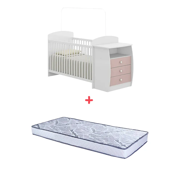 Cuna con Mudador Bambini Rosado+Colchon Cuna Baby Box 130x60
