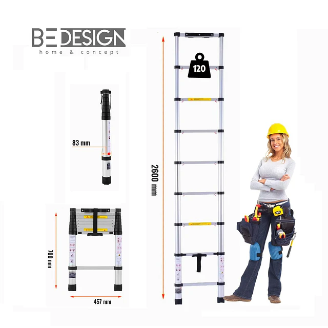 Escalera Telescópica 2.6 mt Aluminio Be Design 120 kg