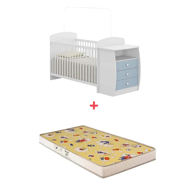 Cuna con Mudador Bambini Celeste+Colchon Cuna Baby Box 130x60