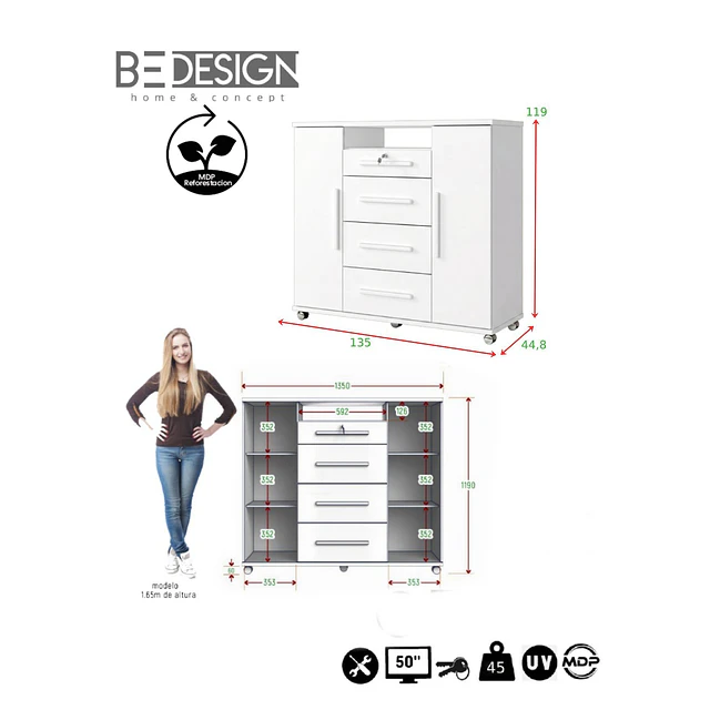 Cómoda Zapatero Blanca 119x135x44.8 cm MDP 4 Cajones 2 Puertas Be Design 