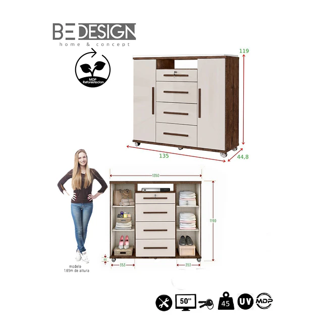 Cómoda Zapatero Canela Arena 119x135x44.8 cm  MDP 4 Cajones 2 Puertas Be Design