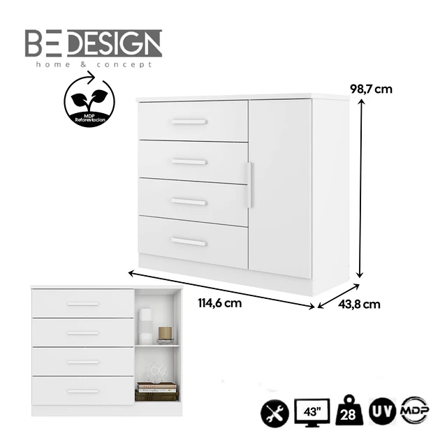 Cómoda Cajonera Blanca 1 puerta 98.7x114.6x43.8 cm MDP 4 Cajones Be Design
