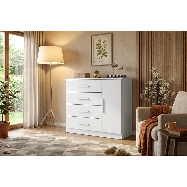 Cómoda Cajonera Blanca 1 puerta 98.7x114.6x43.8 cm MDP 4 Cajones Be Design