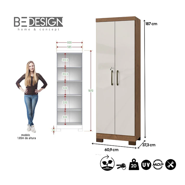 Alacena Armario Multiuso 2 Puertas con Llave Canela Arena 187x60.9x37.3 cm MDP Be Design
