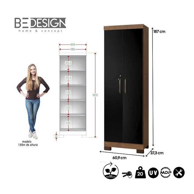 Alacena Armario Multiuso 2 Puertas con Llave Canela Negro 187x60.9x37.3 cm MDP Be Design