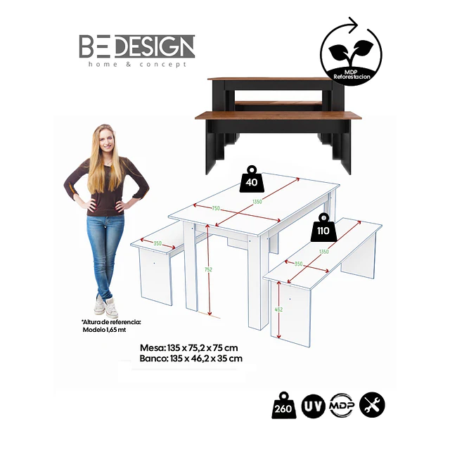 Juego de Comedor Diario 2 Banquetas Canela Negro 75.2x135x75 cm MDP Be Design